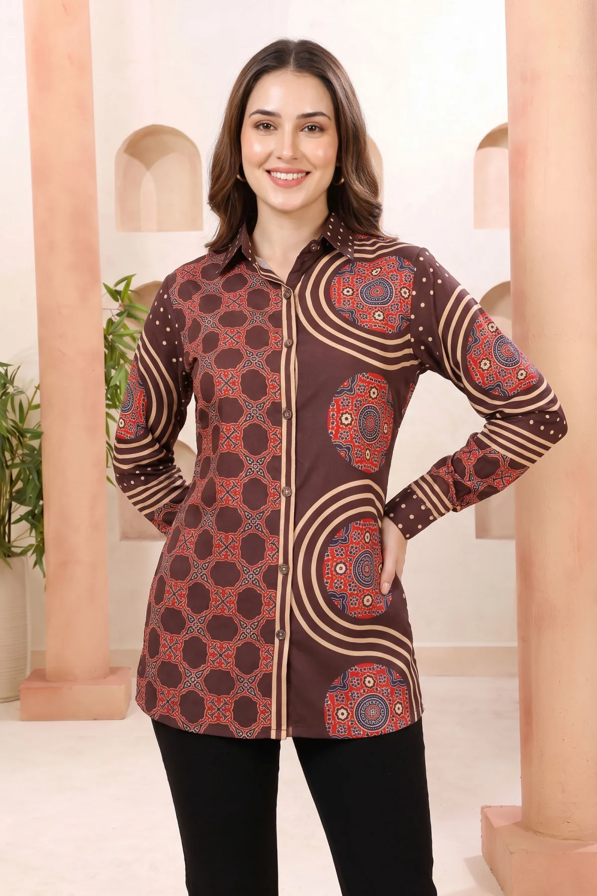 Coffee Brown Modal Silk Shirt Style Tunic