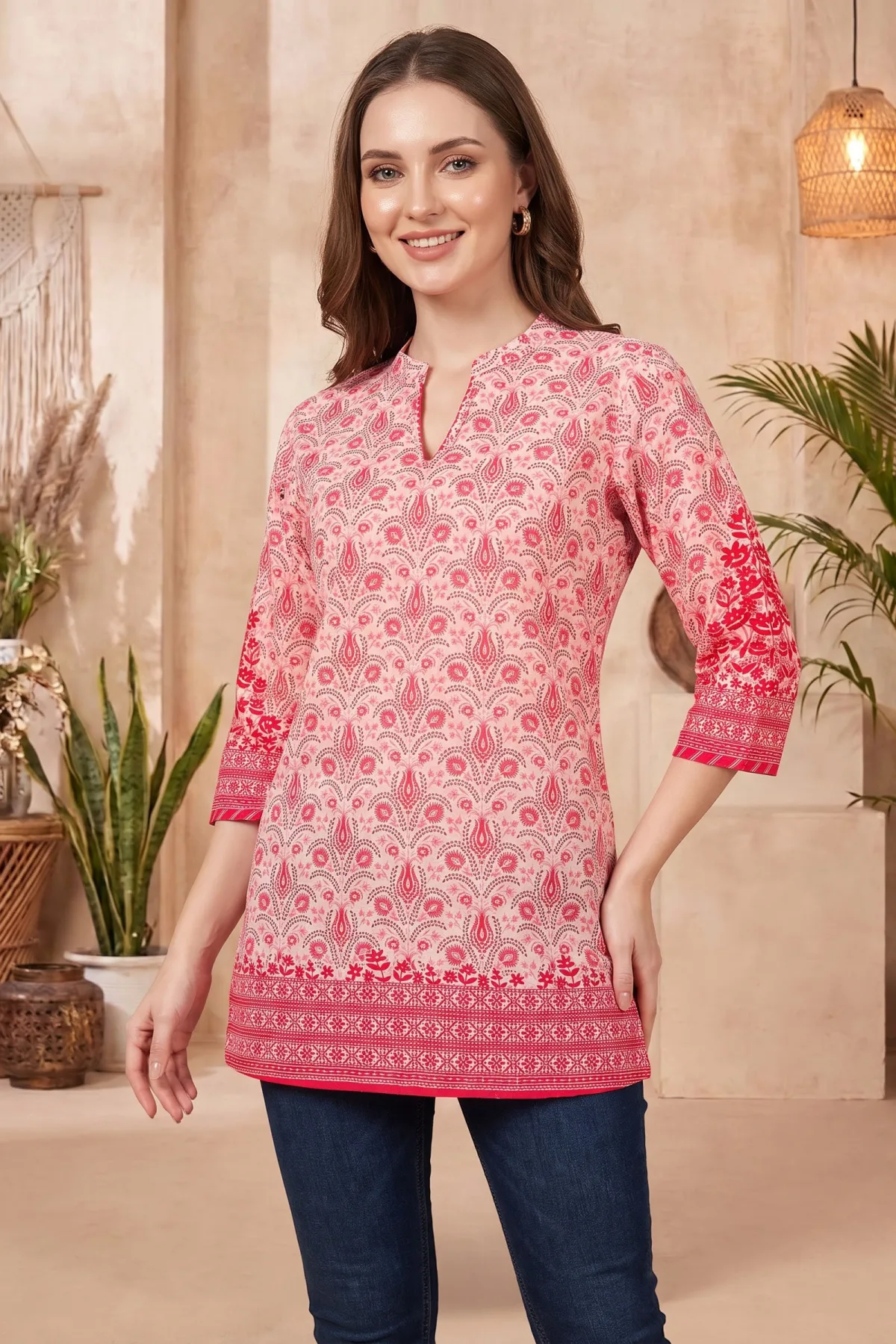 Pinky Peach Paisley Printed Short Kurti with Red Floral Border