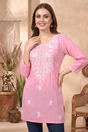 Pink Rayon Chikankari Short Kurti with White Floral Embroidery - photo 1