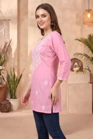 Pink Rayon Chikankari Short Kurti with White Floral Embroidery - photo 2