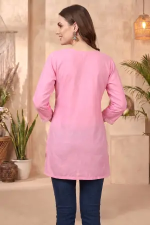 Pink Rayon Chikankari Short Kurti with White Floral Embroidery - photo 4
