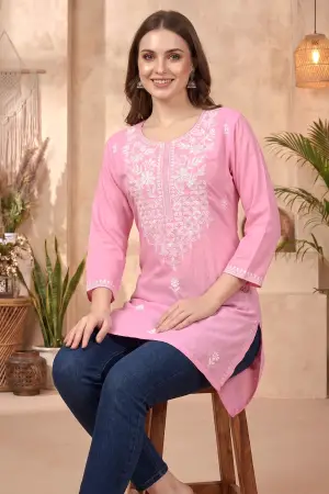 Pink Rayon Chikankari Short Kurti with White Floral Embroidery - photo 5