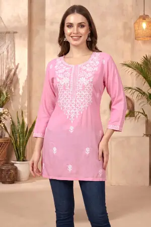 Pink Rayon Chikankari Short Kurti with White Floral Embroidery - photo 6