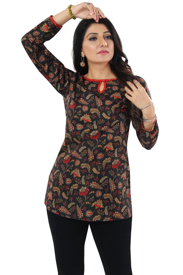 Black Cotton Slub Printed Short Kurti