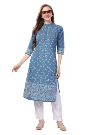 Denim Light Blue Floral Printed Kurti With Thread Work - photo 1