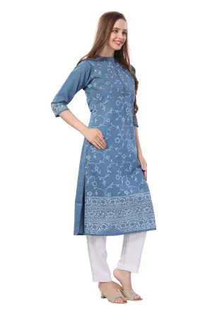 Denim Light Blue Floral Printed Kurti With Thread Work - photo 2