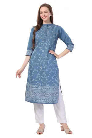 Denim Light Blue Floral Printed Kurti With Thread Work - photo 3