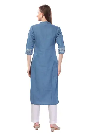 Denim Light Blue Floral Printed Kurti With Thread Work - photo 4