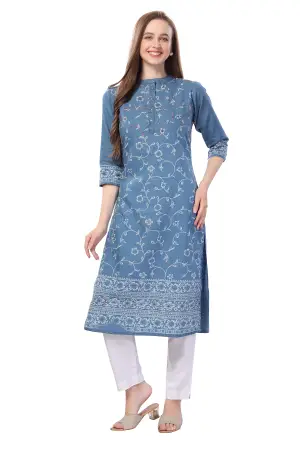 Denim Light Blue Floral Printed Kurti With Thread Work - photo 5