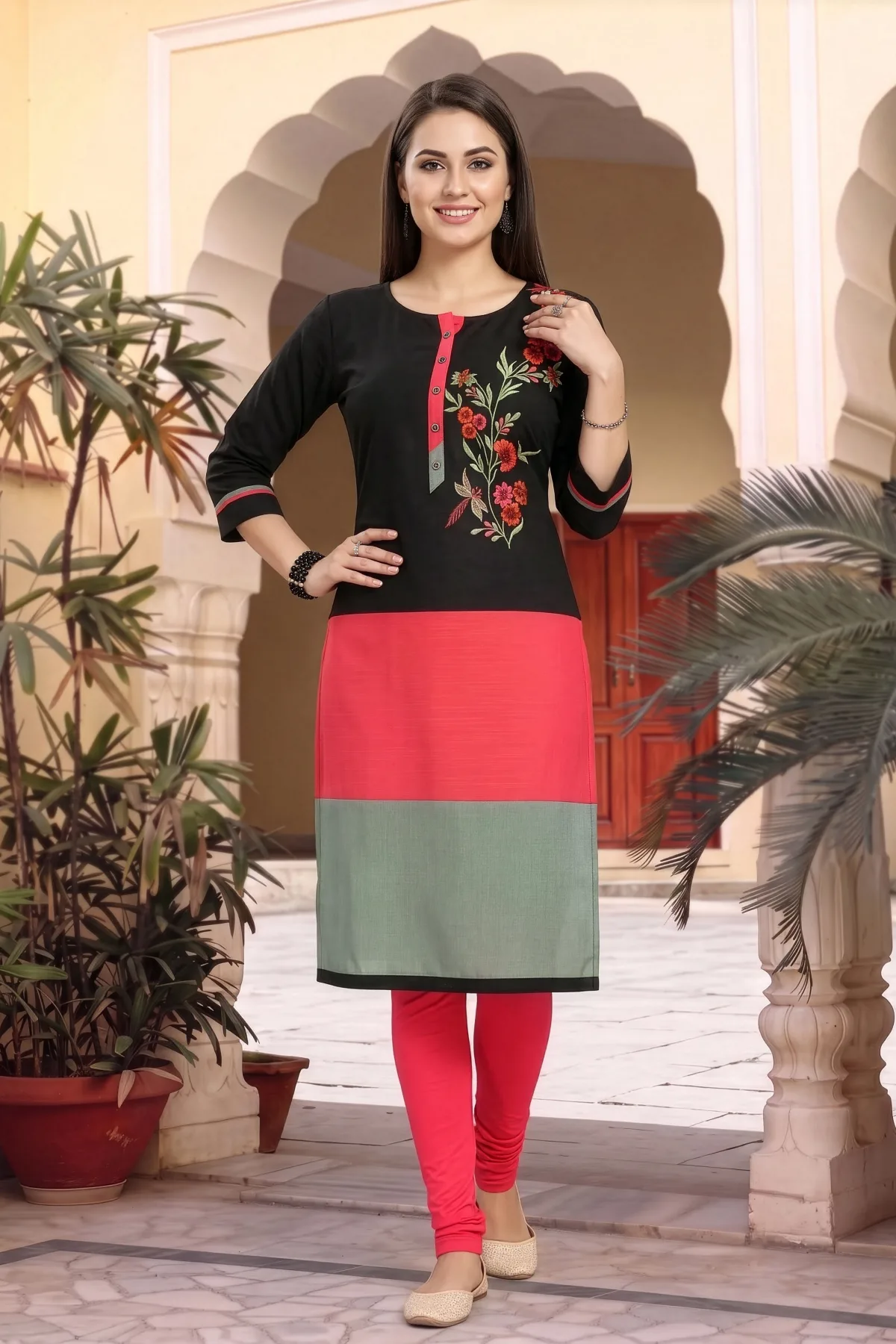 Black Raw Silk Tunic with Floral Threadwork and Colour Block