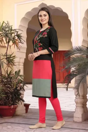 Black Raw Silk Tunic with Floral Threadwork and Colour Block - photo 2