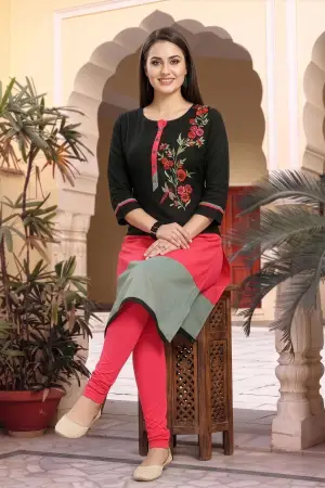 Black Raw Silk Tunic with Floral Threadwork and Colour Block - photo 3