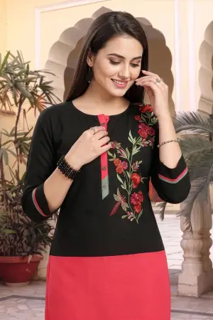 Black Raw Silk Tunic with Floral Threadwork and Colour Block - photo 5