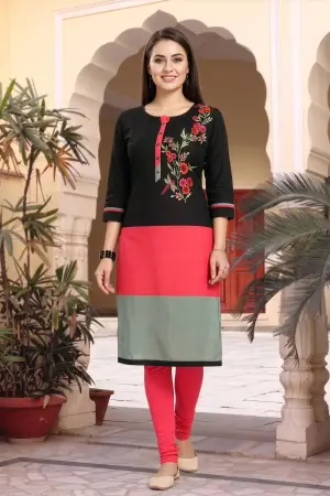 Black Raw Silk Tunic with Floral Threadwork and Colour Block - photo 6