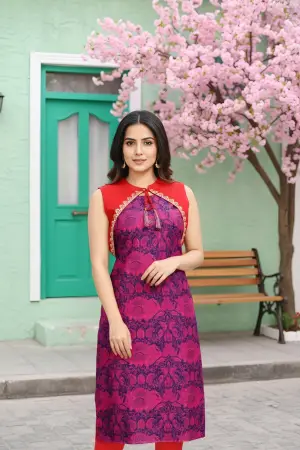 Wine Purple Jacket Style Printed Cotton Kurti - photo 1