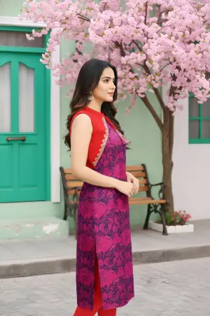 Wine Purple Jacket Style Printed Cotton Kurti - photo 2