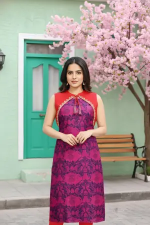 Wine Purple Jacket Style Printed Cotton Kurti - photo 3
