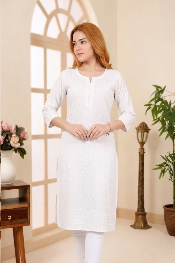 Pure White Rayon Chikankari Straight Long Kurta for Women