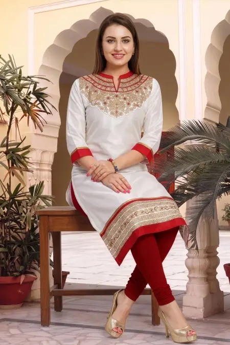 White and Gold Raw Silk Tunic with Handwork