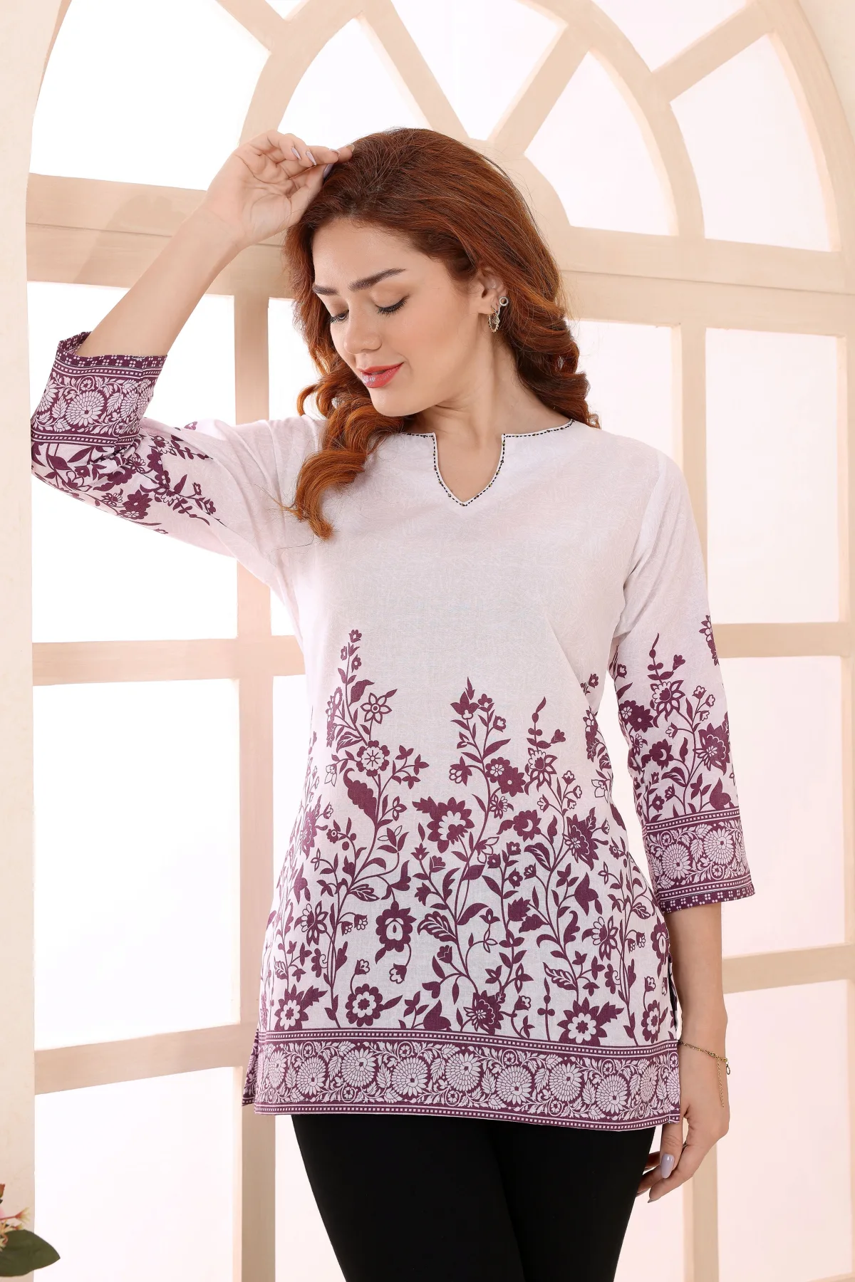 Purple Cotton Short Kurti Tunic Top with Ethnic Motifs