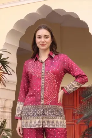 Hot Pink Bandhani Print Shirt Style Kurti Top - photo 1