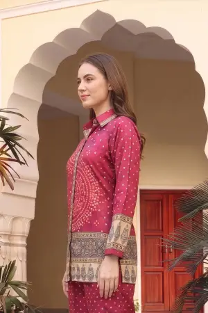 Hot Pink Bandhani Print Shirt Style Kurti Top - photo 2
