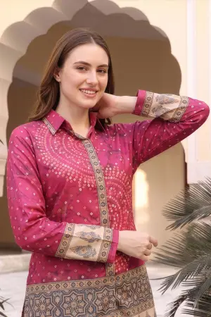 Hot Pink Bandhani Print Shirt Style Kurti Top - photo 3
