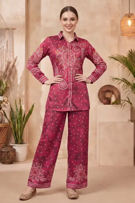 Hot Pink Crepe Silk Bandhani Print Co Ord Set