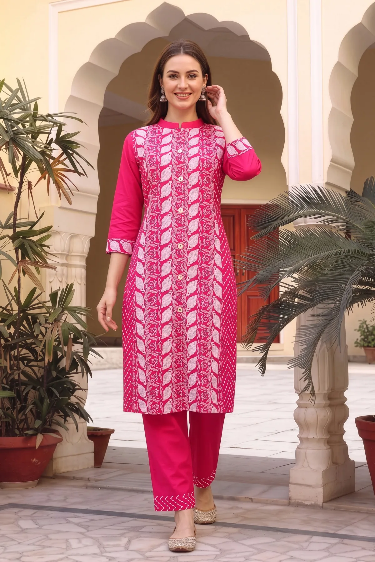 Hot Pink Cotton Chikankari Style Kurta with Palazzo Set