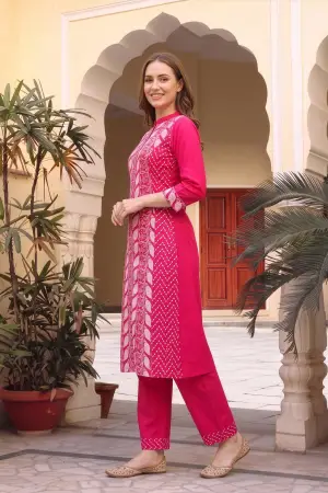 Hot Pink Cotton Chikankari Style Kurta with Palazzo Set - photo 2