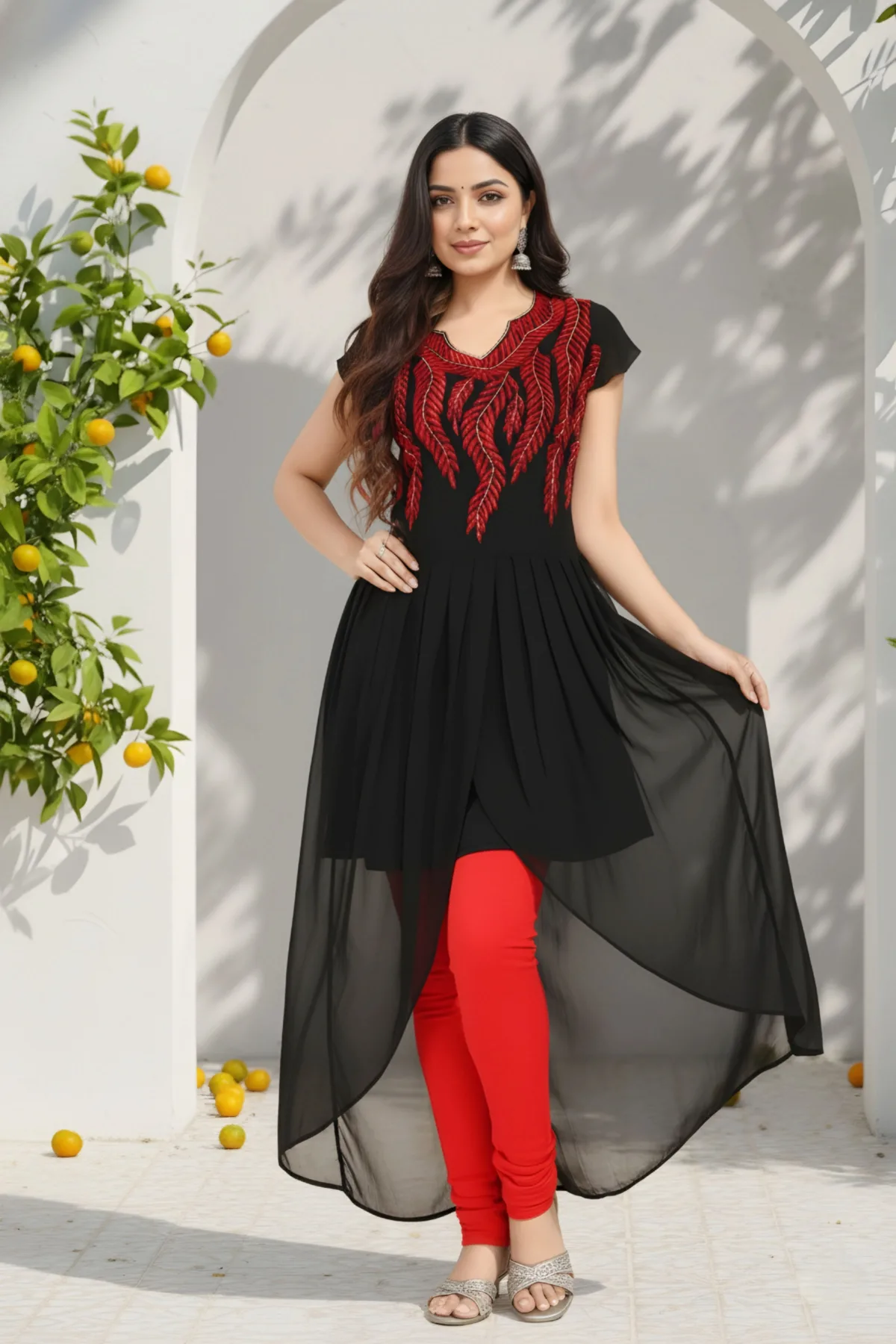Ravishing Black Georgette Tunic with Red Thread Work