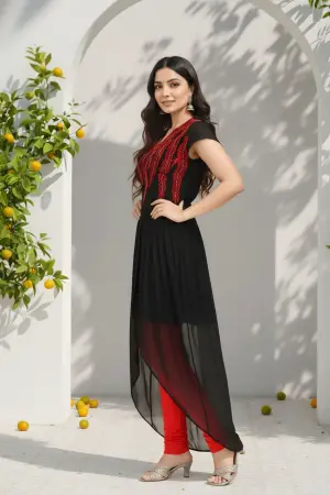Ravishing Black Georgette Tunic with Red Thread Work - photo 2