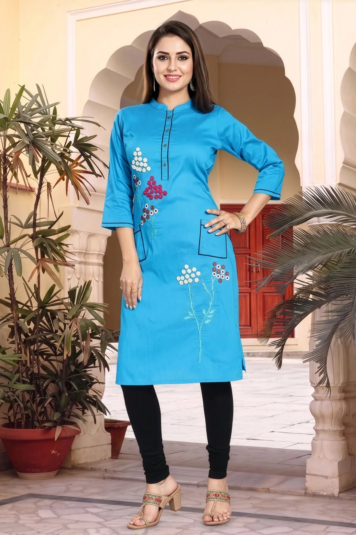 Blue Raw Silk Straight Kurti with Floral Detail