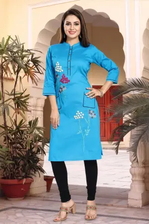 Blue Raw Silk Straight Kurti with Floral Detail - photo 1