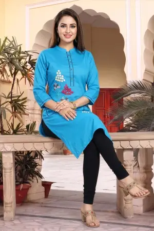 Blue Raw Silk Straight Kurti with Floral Detail - photo 3
