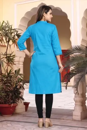 Blue Raw Silk Straight Kurti with Floral Detail - photo 4
