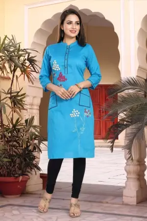 Blue Raw Silk Straight Kurti with Floral Detail - photo 5