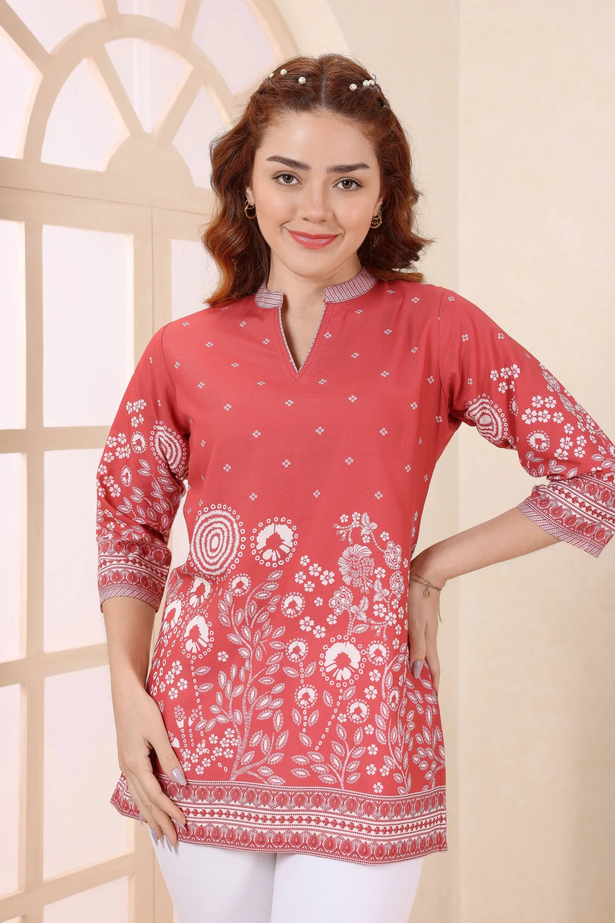 Red Cotton Short Kurti with Floral Print