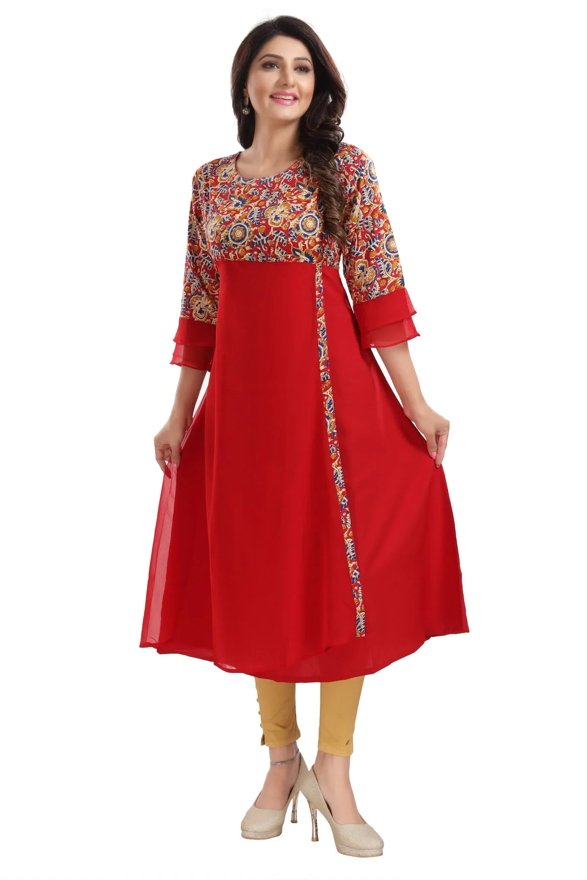 Red Georgette Flared Long Kurti with Floral Print