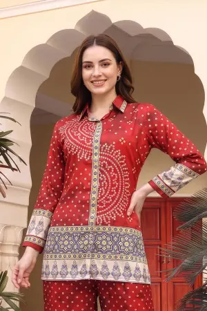 Red Bandhani Print Shirt Collar Kurti with Contrast Border - photo 1