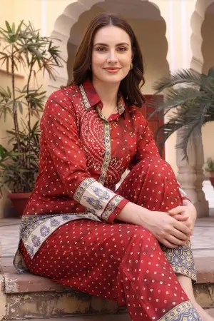 Red Bandhani Print Shirt Collar Kurti with Contrast Border - photo 3