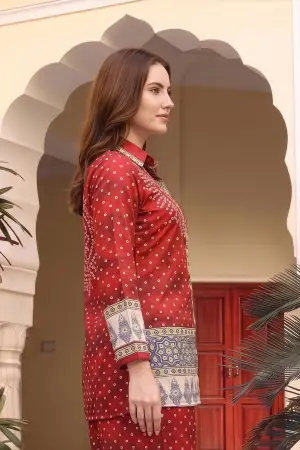 Red Bandhani Print Shirt Collar Kurti with Contrast Border - photo 4