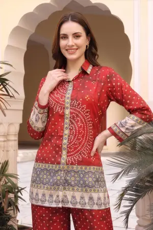 Red Bandhani Print Shirt Collar Kurti with Contrast Border - photo 5