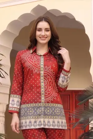 Red Bandhani Print Shirt Collar Kurti with Contrast Border - photo 6
