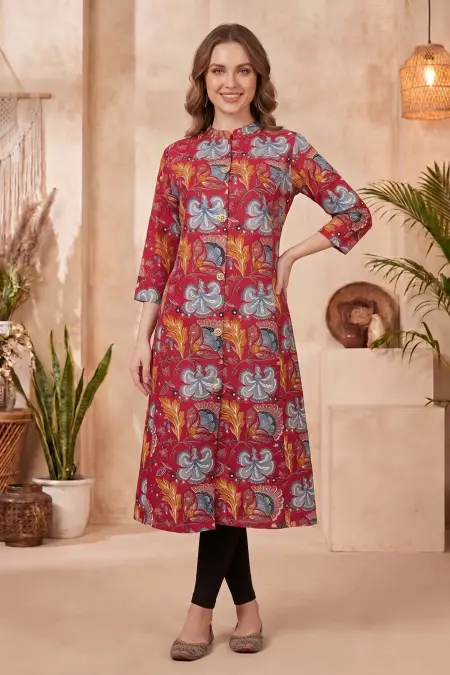 Cherry Red A-Line Long Kurta with Floral Print