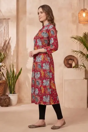 Cherry Red A-Line Long Kurta with Floral Print - photo 2
