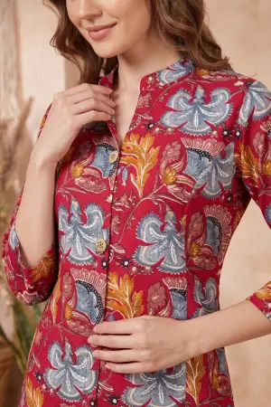 Cherry Red A-Line Long Kurta with Floral Print - photo 3