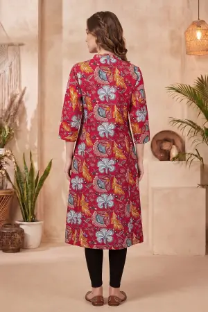 Cherry Red A-Line Long Kurta with Floral Print - photo 4