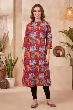 Cherry Red A-Line Long Kurta with Floral Print - photo 5