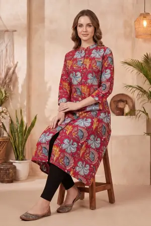 Cherry Red A-Line Long Kurta with Floral Print - photo 6